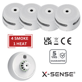 X-Sense Smoke Detectors and Heat Alarm Set - Battery Powered & Interlinkable - 4 Smoke / 1 Heat