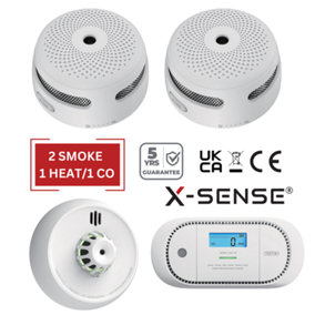 X-Sense Smoke, Heat & CO Alarm Set - Battery Powered & Interlinkable - 2 Smoke / 1 Heat / 1 CO