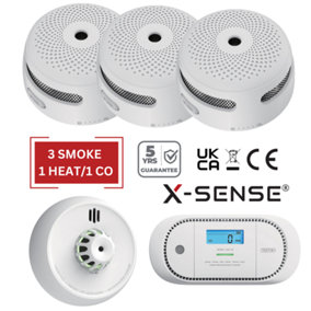 X-Sense Smoke, Heat & CO Alarm Set - Battery Powered & Interlinkable - 3 Smoke / 1 Heat / 1 CO