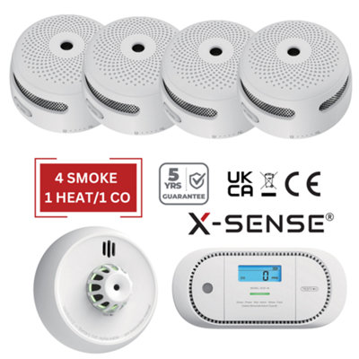 X-Sense Smoke, Heat & CO Alarm Set - Battery Powered & Interlinkable - 4 Smoke / 1 Heat / 1 CO