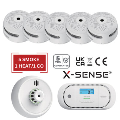 X-Sense Smoke, Heat & CO Alarm Set - Battery Powered & Interlinkable - 5 Smoke/ 1 Heat / 1 CO