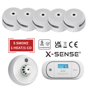 X-Sense Smoke, Heat & CO Alarm Set - Battery Powered & Interlinkable - 5 Smoke/ 1 Heat / 1 CO