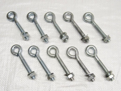 x10 M6 X 100MM Zinc Plated Folded Straining Eyebolts Nut & Washer - Wire Support Fencing Straining