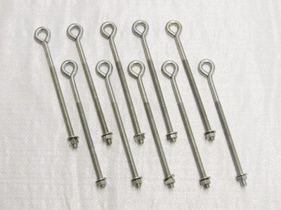 x10 M8 X 150MM Zinc Plated Folded Straining Eyebolts Nut & Washer - Wire Support Fencing Straining