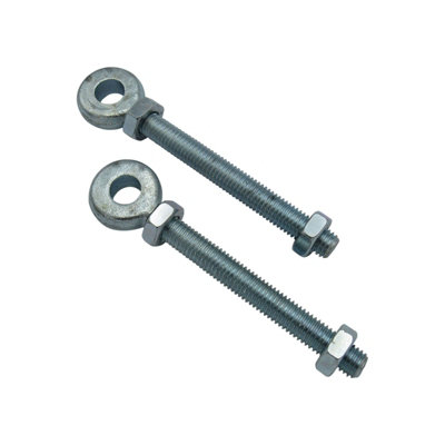 X2 16MM x 200MM Zinc Plated Swing Gate Eye Bolts With 2 Nuts (Bright Gate Hinge Eyebolt)
