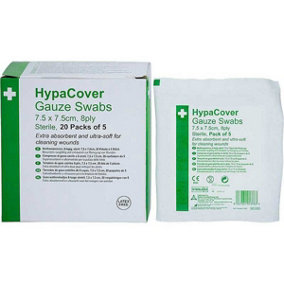X20 HypaCover Gauze Swabs 5 Pack 7.5cm 8ply HSE Compliant 1st Aid D7871PK20