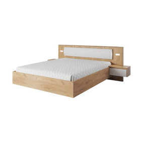 Xelo Contemporary Bed Frame EU King Size with Bedside Cabinets LED Golden Oak Effect & White (L)2080mm (H)920mm (W)2560mm