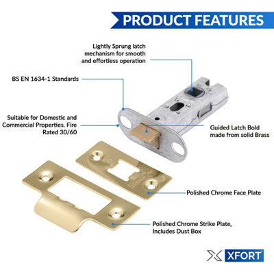 XFORT 2 Pack 65mm Polished Brass Tubular Latch Mortice Door Latch - 3