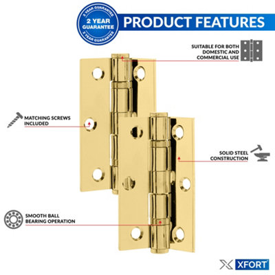 XFORT 3 Inch (75mm) Polished Brass Ball Bearing Hinges, Steel Door Hinge for Wooden Doors (1.5 Pairs)