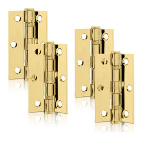 XFORT 3 Inch (75mm) Polished Brass Ball Bearing Hinges, Steel Door Hinge for Wooden Doors (2 Pairs)