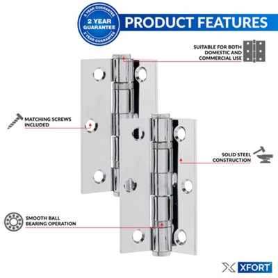 XFORT 3 inch (75mm) Polished Chrome Ball Bearing Hinges, Steel Door Hinge for Wooden Doors (1.5 Pairs)