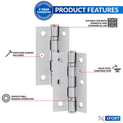 XFORT 3 Inch (75mm) Satin Chrome Ball Bearing Hinges, Steel Door Hinge for Wooden Doors (2 Pairs)