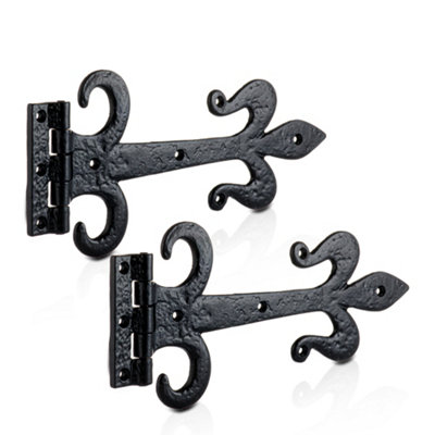 XFORT 310mm Black Antique Fleur De LYS Working Hinge, Cast Iron Gate Hinges 1 Pair
