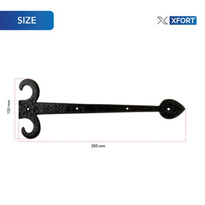 XFORT 420mm Black Antique Hinge Front, Leaf Design Cast Iron Gate Hinge Spear Head Hinge Front 1 Pair