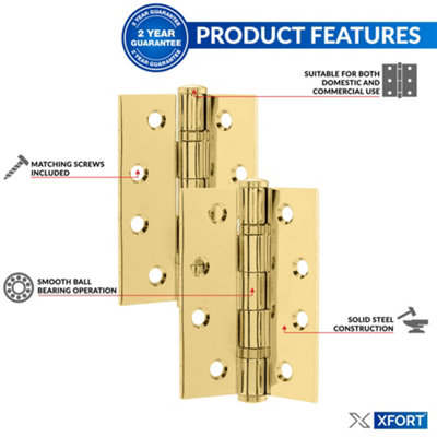 XFORT 4 Inch (100mm) Polished Brass Ball Bearing Hinges, Steel Door Hinge for Wooden Doors (2 Pairs)
