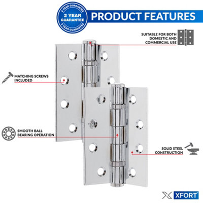 XFORT 4 inch (100mm) Polished Chrome Ball Bearing Hinges, Steel Door Hinge for Wooden Doors (1.5 Pairs)
