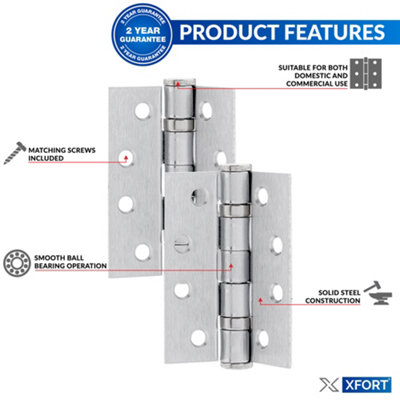 XFORT 4 Inch (100mm) Satin Chrome Ball Bearing Hinges, Steel Door Hinge for Wooden Doors (2 Pairs)