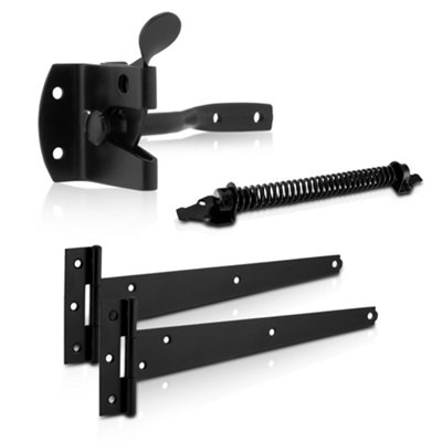 XFORT Auto Gate Latch Black Pack, Complete with T-Hinges & 8" Gate Spring