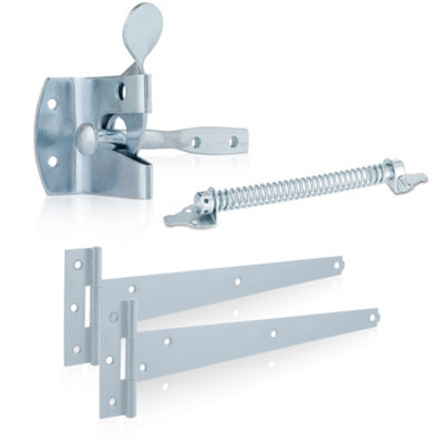 XFORT Auto Gate Latch Bright Zinc Plated Pack, Complete with T-Hinges & 8" Gate Spring