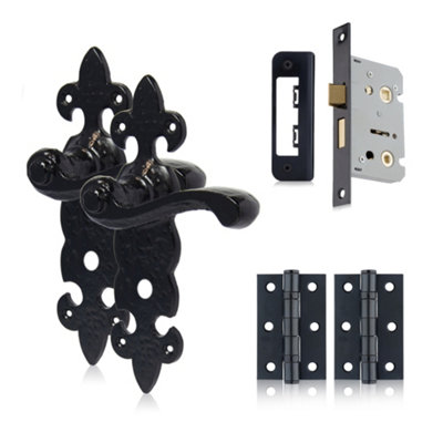 XFORT Black Antique Fleur De Lys Bathroom Handles & Bathroom Lock