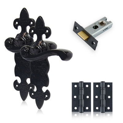 XFORT Black Antique Fleur De Lys Door Handles With Tubular Latch & Butt Hinges