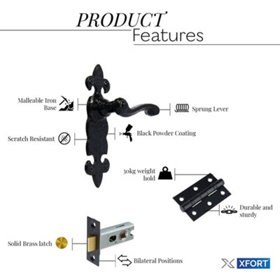 XFORT Black Antique Fleur De Lys Door Handles With Tubular Latch & Butt Hinges