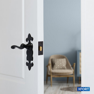 XFORT Black Antique Fleur De Lys Door Handles With Tubular Latch & Butt Hinges