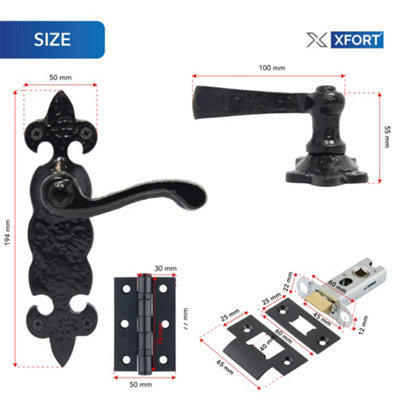 XFORT Black Antique Fleur De Lys Door Handles With Tubular Latch & Butt Hinges