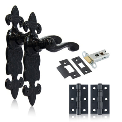 XFORT Black Antique Fleur De Lys Door Handles With Tubular Latch & Butt Hinges