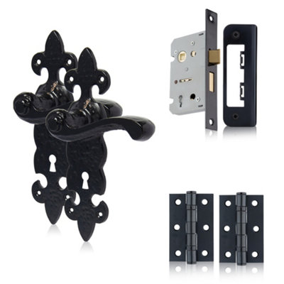 XFORT Black Antique Fleur De Lys Lock Door Handles With Sash Lock & Butt Hinges