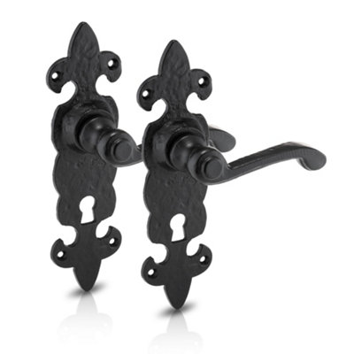 XFORT Black Antique Fleur De Lys Lock Handle, Internal Door Handles Sets