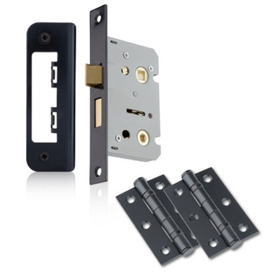 XFORT Matt Black Bathroom Door Accessory Pack, Compete with 65mm Bathroom Lock and 75mm Ball Bearing Hinges