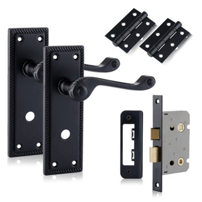 XFORT Matt Black Hanoverian Bathroom Handles Pack With Hinges & Lock