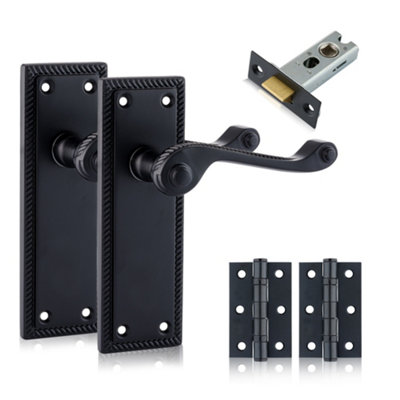 XFORT Matt Black Hanoverian Lever Latch Handles Pack With Hinges & Tubular Latch