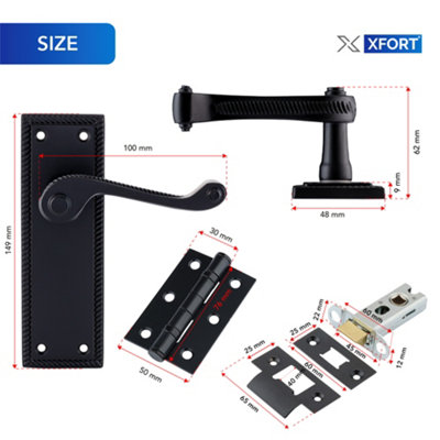 XFORT Black Beauty Range Matt Black London Suite Lever Latch Door Pack Complete Set With Door Handles 65mm Tubular Latch And 75mm Ball Bearing Hinges For Internal Wooden Doors