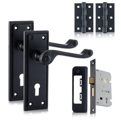 XFORT Matt Black Hanoverian Lever Lock Handles Pack With Hinges & Sashlock