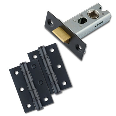 XFORT Matt Black Tubular Latch Door Accessory Pack, Complate with 65mm Tubular Latch and 75mm Ball Bearing Hinges