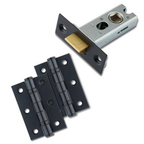 XFORT Matt Black Tubular Latch Door Accessory Pack, Complate with 65mm Tubular Latch and 75mm Ball Bearing Hinges