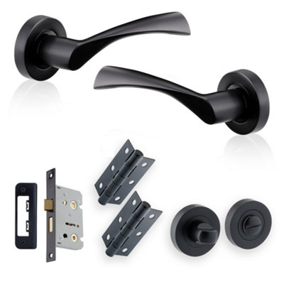 XFORT Matt Black Warped Lever On Rose Bathroom Pack, Complete Bathroom Set