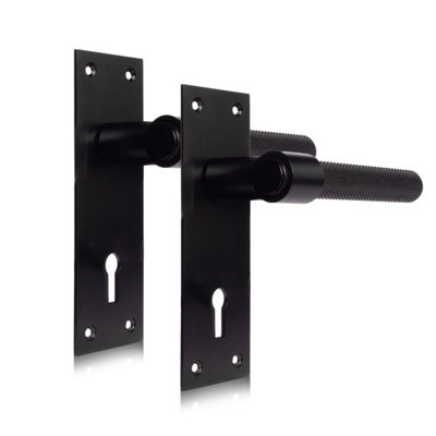 XFORT Onyx Collection, Slimline Backplate Lock Knurled Door Handles, Matt Black