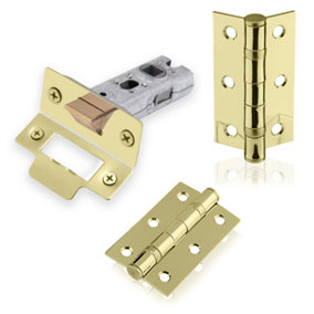 XFORT Polished Brass Tubular Latch Door Accessory Pack, Complate with 65mm Tubular Latch and 75mm Ball Bearing Hinges