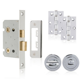 XFORT Polished Chrome Bathroom Door Accessory Pack, Comlete with Bathroom Lock, Ball Bearing Hinges and Thumb Turn & Release