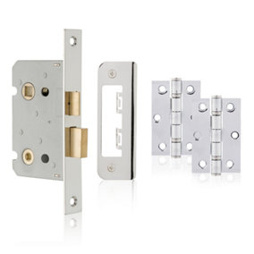 XFORT Polished Chrome Bathroom Door Accessory Pack, Compete with 65mm Bathroom Lock and 75mm Ball Bearing Hinges