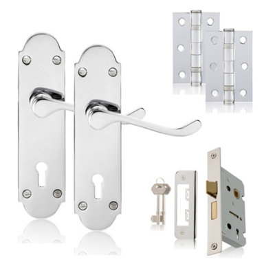 XFORT Polished Chrome Richmond Lever Lock Pack, Door Lock Handle Complete Set.