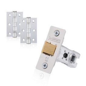 XFORT Polished Chrome Tubular Latch Door Accessory Pack, Complate with 65mm Tubular Latch and 75mm Ball Bearing Hinges