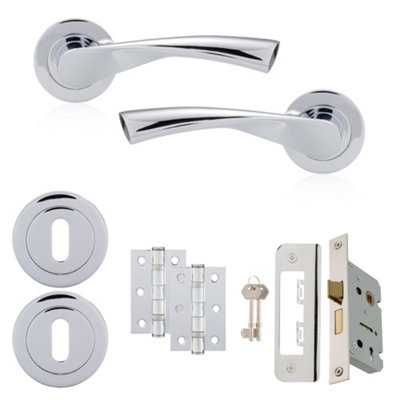 XFORT Polished Chrome Warped Lever On Rose Lock Pack, Complete Lock Set