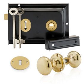 XFORT Premium Range Traditional Black Rim Lock Set with Polished Brass Rim Knob