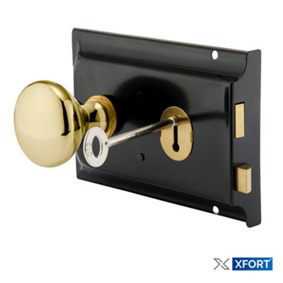 XFORT Premium Range Traditional Black Rim Lock Set with Polished Brass Rim Knob - 7