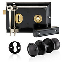 XFORT Rim Knob Set Black, Complete with A Rim Lock, Plastic Rim Door Knob and Escutcheons