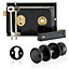 XFORT Rim Knob Set Black, Complete with A Rim Lock, Plastic Rim Door Knob and Escutcheons